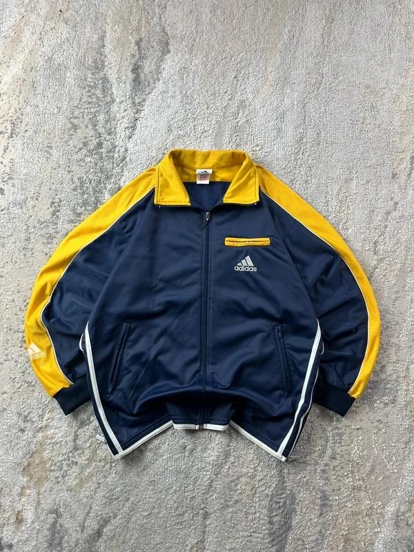 Vintage 90s adidas Embroidered Logo Navy Blue & Yellow Zip Up Track Jacket Size